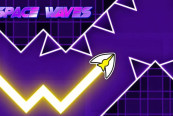 Space Waves — arrow-ship flying through a neon cosmic corridor